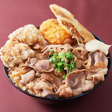 しょうが焼き丼 500 (唐揚2+コロッケ1+春巻1)