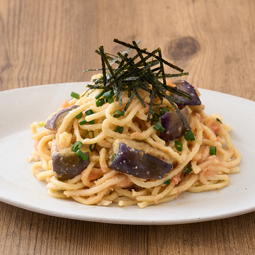 揚げ茄子の明太子生パスタ Mentaiko Pasta with Fried Eggplant