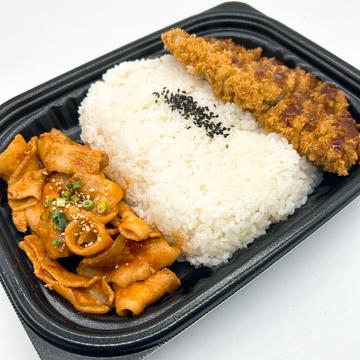 【デカ盛】ポークチャップ豚カルビ＆熟成ロースカツプレート※即席袋みそ汁付