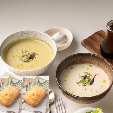 【人気セット】スープ2種+オリーブオイルパン2つセット Two Soups with Double olive oil Bread Set