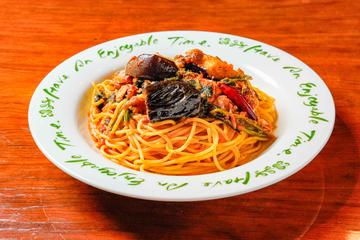 ごろごろサバと茄子のトマトスパゲッティ