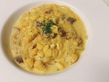 7月限定！自家製パンチェッタとコーンのクリームパスタ