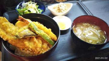 海老とかしわ天丼、豚汁定食