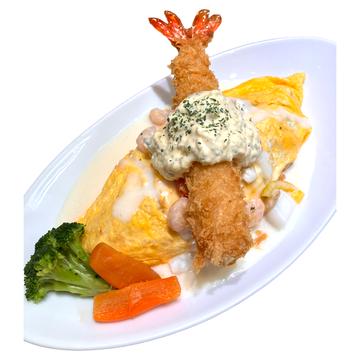 シーフードオムライス(ホワイトソース)特大エビフライのせ