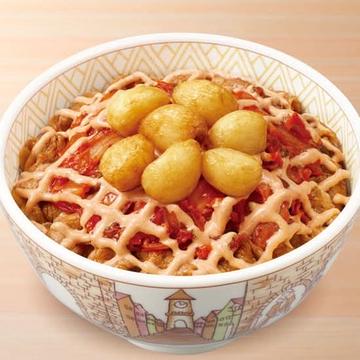 にんにく明太マヨキムチ牛丼Gyudon w/ Kimchi, Mentai Mayo-Flavor Sauce and Fried Garlic