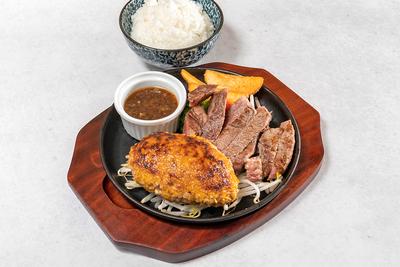 ハンバーグ150g＆黒胡椒ステーキ ライス付き
