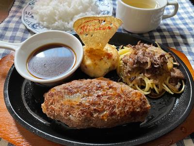 Sサイズセット 100%Beef手ごねハンバーグステーキ150g～自家製ハンバーグ用お油+焼きポテトサラダ+当店名物ハンター焼き～鉄板牛肉パスタ ライス付き
