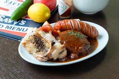 ミックスグリル mixed grill (hamburg,chicken steak,frank sausage)