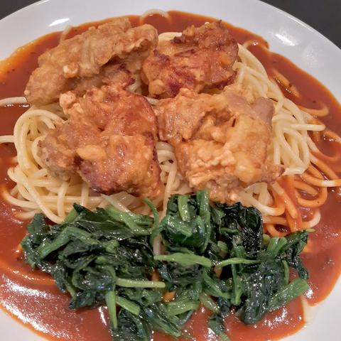 名古屋名物あんかけスパあんかけ亭 唐揚げほうれん草のせあんかけスパ