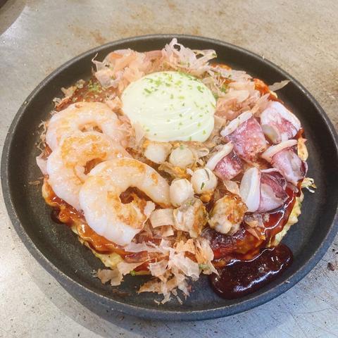 【関西風&広島風お好み焼き・鉄板焼き】桜家 清水店 関西お好み 海鮮玉(イカ・海老・帆立)【マヨ】